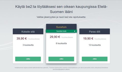 Kuvakaappaus be2-palvelun hinnoista