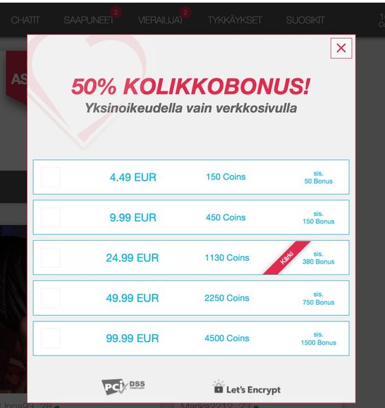 Kuvakaappaus iDates-palvelun hinnoista