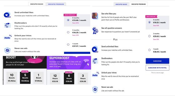 Kuvakaappaus OkCupid-palvelun hinnoista